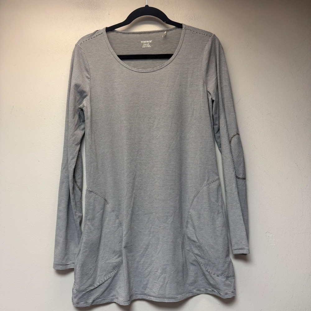 Toad&Co Tunic Top Womens Small Grey Striped Excellent Elbow Patch Pocket Tencel
